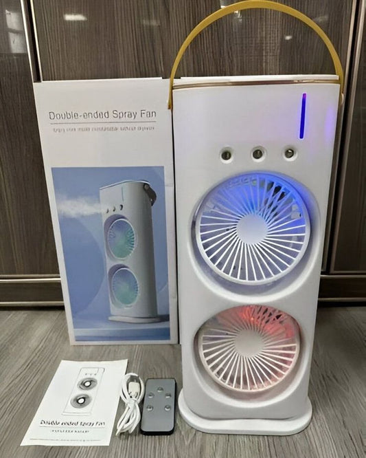 Double-Ended Spray Water Mist Fan – Portable Dual Head Air Cooler with Humidifier Mist, LED Night Light & 3-Speed Adjustable Cooling