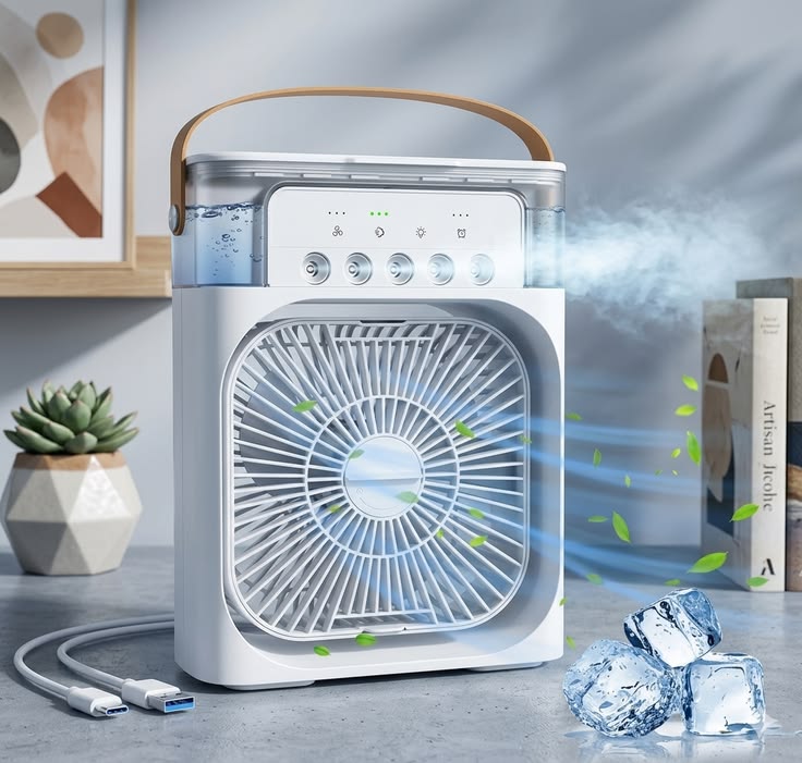 Portable Desktop Air Cooler Fan with Humidifier Mist & LED Light – Adjustable Personal Cooling Fan for Home, Office & Bedroom