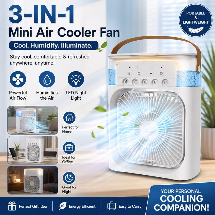 Portable Desktop Air Cooler Fan with Humidifier Mist & LED Light – Adjustable Personal Cooling Fan for Home, Office & Bedroom