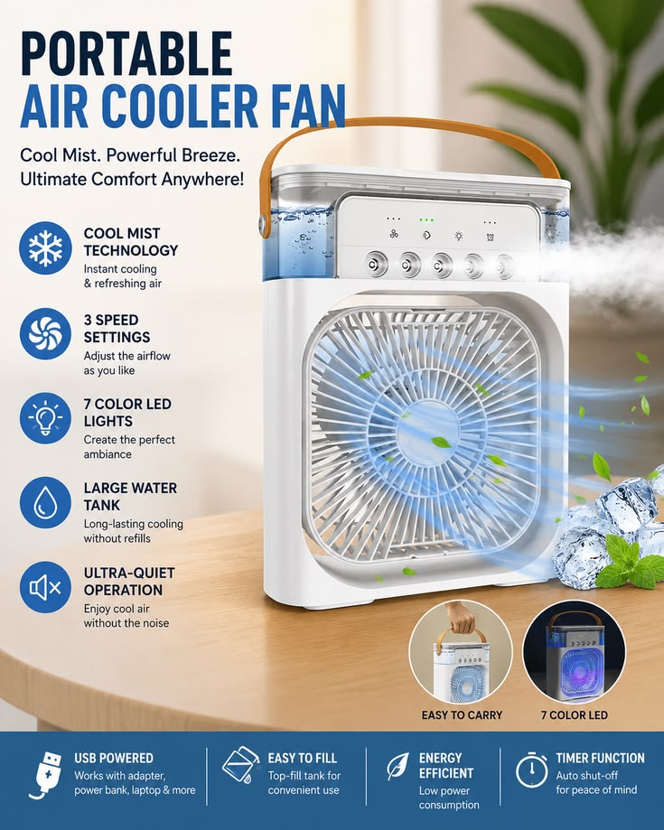 Portable Desktop Air Cooler Fan with Humidifier Mist & LED Light – Adjustable Personal Cooling Fan for Home, Office & Bedroom