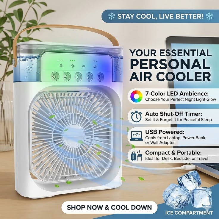 Portable Desktop Air Cooler Fan with Humidifier Mist & LED Light – Adjustable Personal Cooling Fan for Home, Office & Bedroom