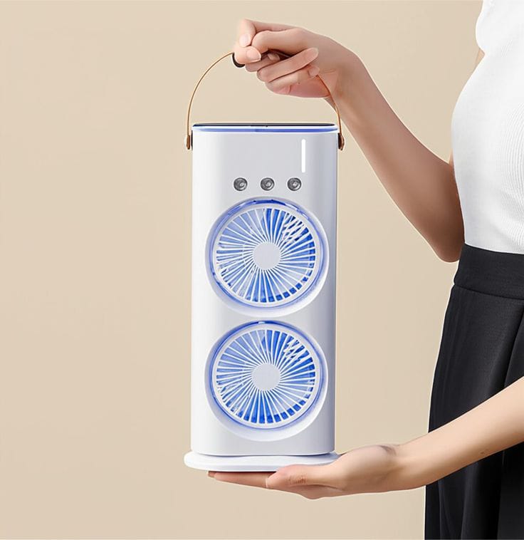 Double-Ended Spray Water Mist Fan – Portable Dual Head Air Cooler with Humidifier Mist, LED Night Light & 3-Speed Adjustable Cooling