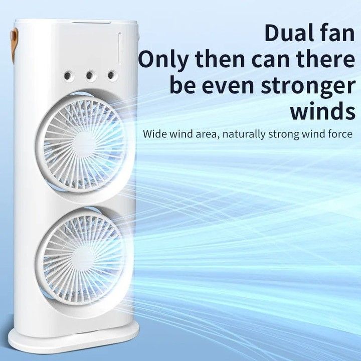 Double-Ended Spray Water Mist Fan – Portable Dual Head Air Cooler with Humidifier Mist, LED Night Light & 3-Speed Adjustable Cooling
