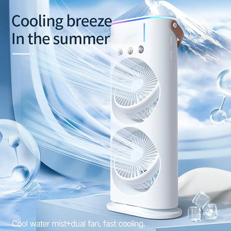 Double-Ended Spray Water Mist Fan – Portable Dual Head Air Cooler with Humidifier Mist, LED Night Light & 3-Speed Adjustable Cooling