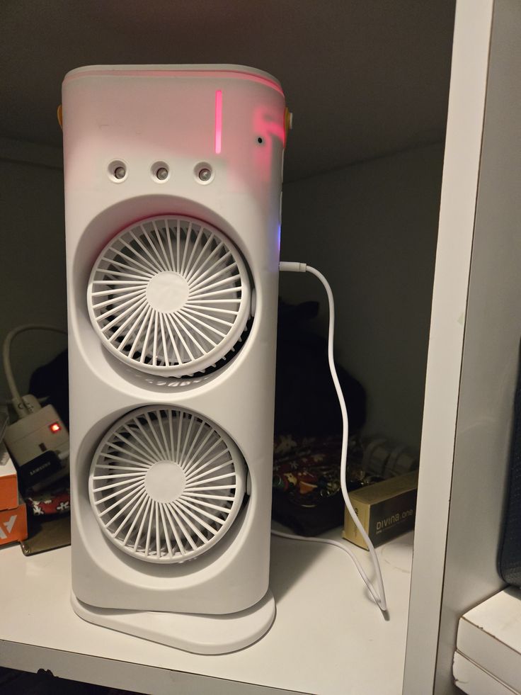 Double-Ended Spray Water Mist Fan – Portable Dual Head Air Cooler with Humidifier Mist, LED Night Light & 3-Speed Adjustable Cooling