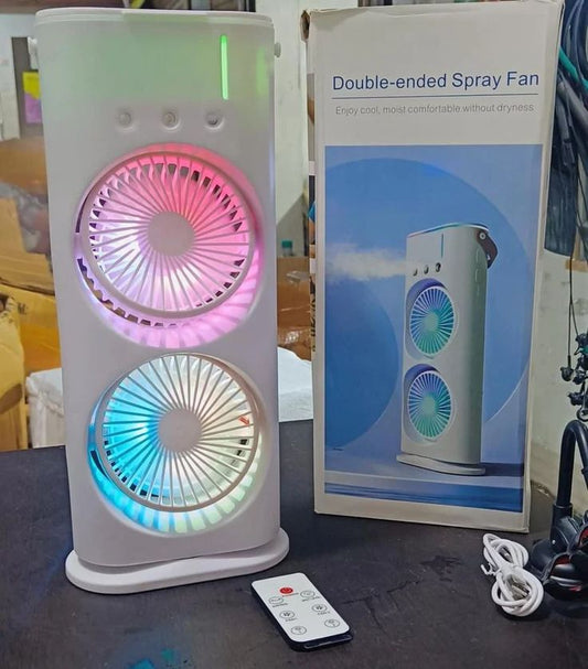 Double-Ended Spray Water Mist Fan – Portable Dual Head Air Cooler with Humidifier Mist, LED Night Light & 3-Speed Adjustable Cooling